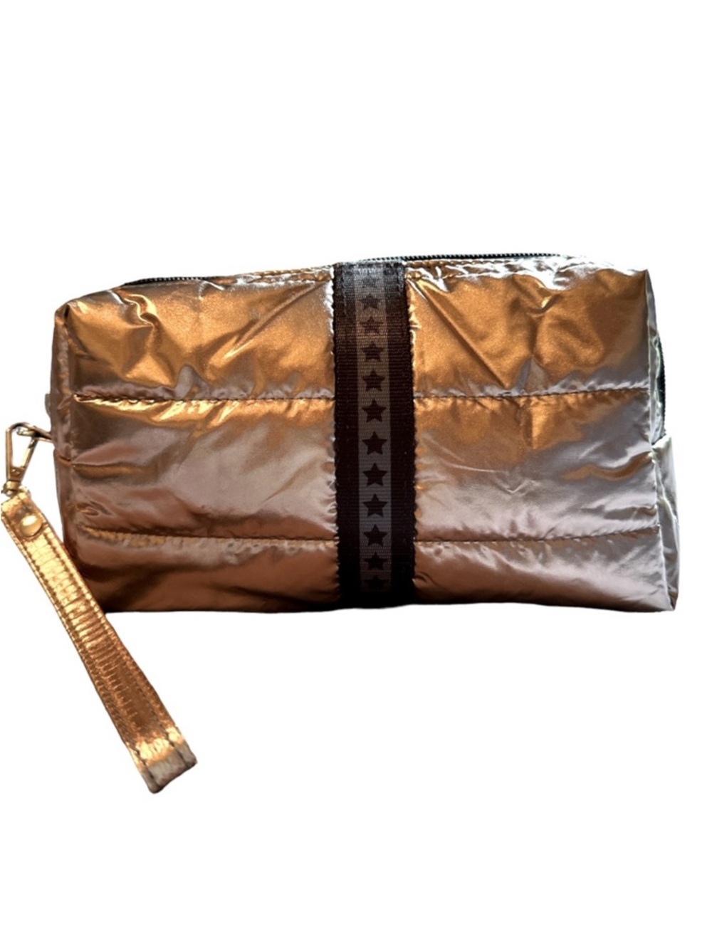 Top Trenz Shimmering Gunmetal Gold Puffer Cosmetic Bag with Star Strap NEW